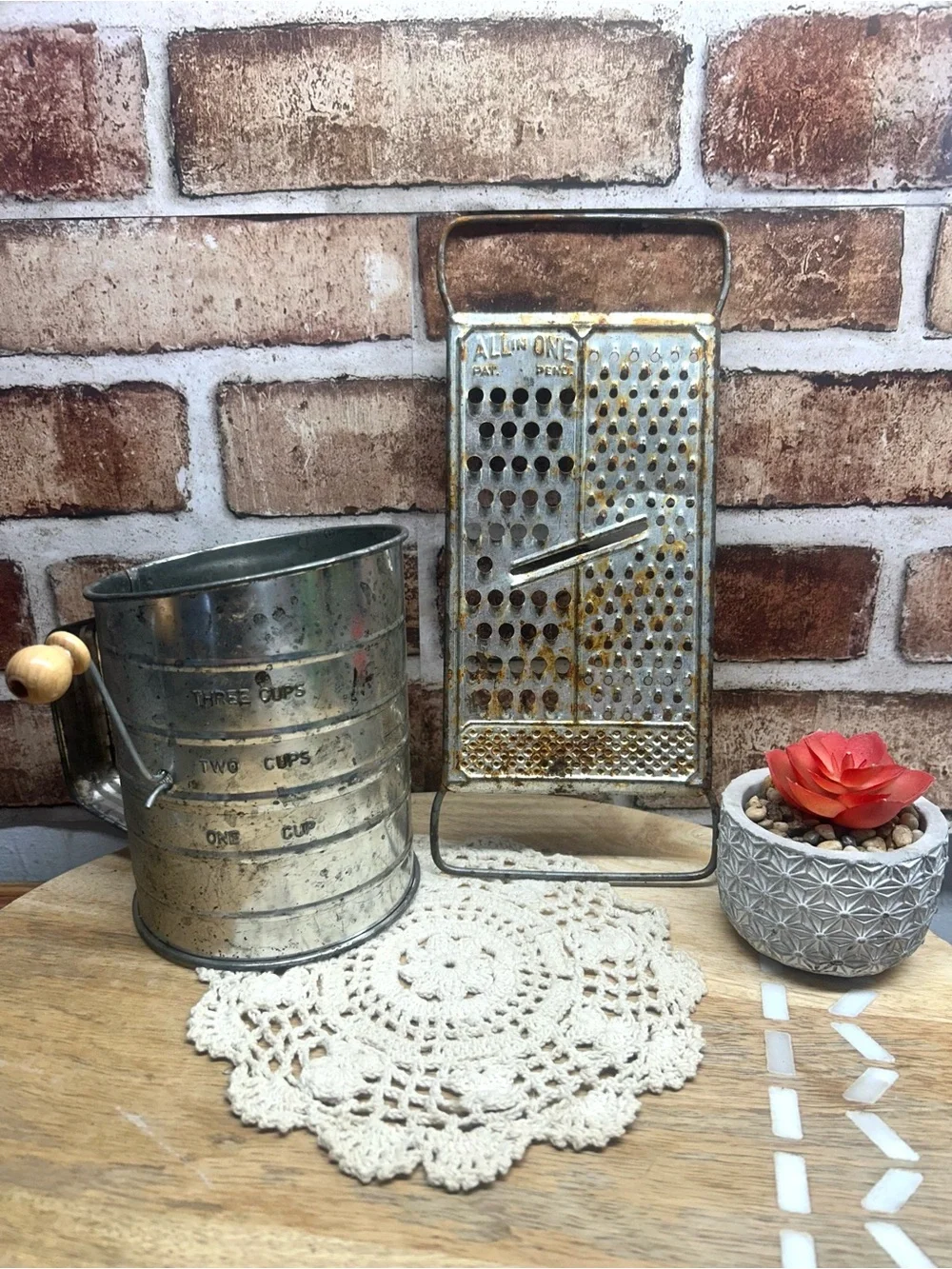 Vintage 3 Cup Measuring Flour Sifter and ALL IN ONE  cheese grater flat